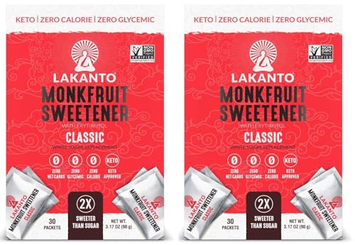 Lakanto Classic Monk Fruit Sweetener Packets - White Sugar Replacement, Zero Net Carbs, Zero Glycemic, Zero Calorie, Sweeten on the Go, Coffee, Lemonade, Other Drinks, Desserts (Classic, 30 Count)- Pack of 2