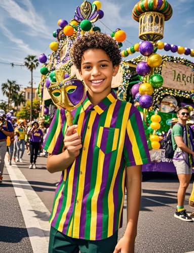 COSLAND Boys' Mardi Gras Button Down Shirt, Kids Novelty Striped Top, X-Small-Large3