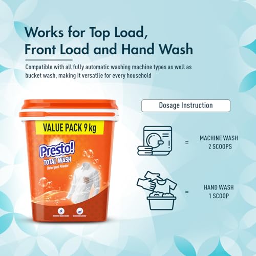 Image of Amazon Brand - Presto! Total Wash Matic Detergent Powder | 9 Kg Tub (1 Kg x Pack of 9) | Removes Tough Stains | Gentle On Fabrics | Refreshing Fragrance | Liquid Detergent For Washing Machine & Hand Wash
