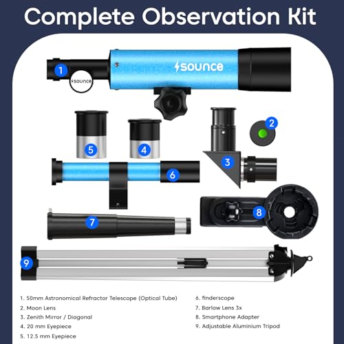 Image of Sounce 50 /360 HD Zoom Refractor Telescope 90X High Magnification, 360 Adjustable Tripod Stand, Clear Long Distance Viewing for Moon, Stars, Wildlife & Outdoor Exploration