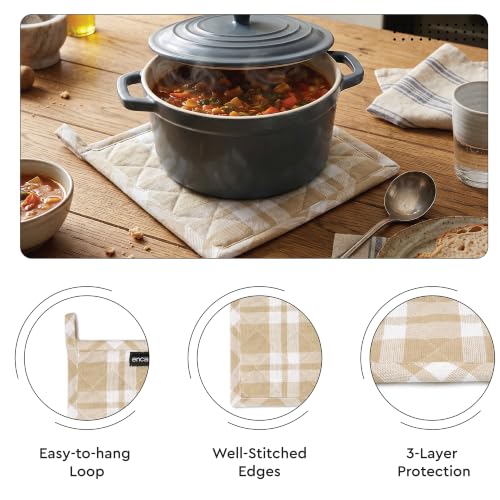 Image of Encasa XO 100% Cotton Apron Set for Women & Men with Adjustable Apron, Oven Gloves & Pot Holder (Pack of 3) Combo, Heat-Resistant, Soft & Durable for Cooking, Baking & Grilling (Franca Beige Checks)