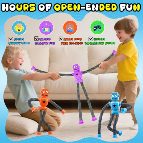 Image of Dilabnba 12 PCS Suction Cup Fidget Pop Tube Robot Sensory Toys - Transformable Telescopic Tube, Travel Toys for Kids Toddlers Stocking Stuffer Gift
