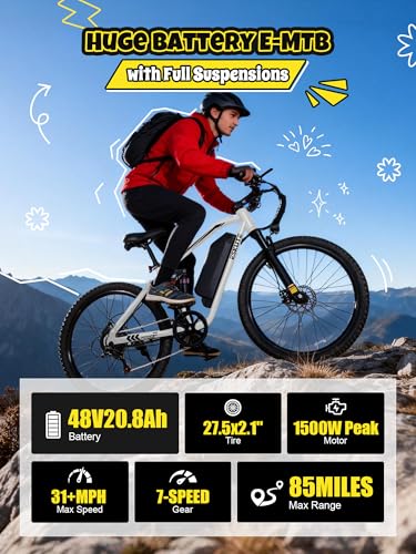 Image of ESKUTE M200F Electric Bike for Adults - 27.5 inch Tire Mountain E-Bike, 1500W Peak Brushless Motor 31+MPH, 48V 20.8Ah Removable Battery, Up to 80 Miles, Step Over Commuter E-MTB, Full Suspensions