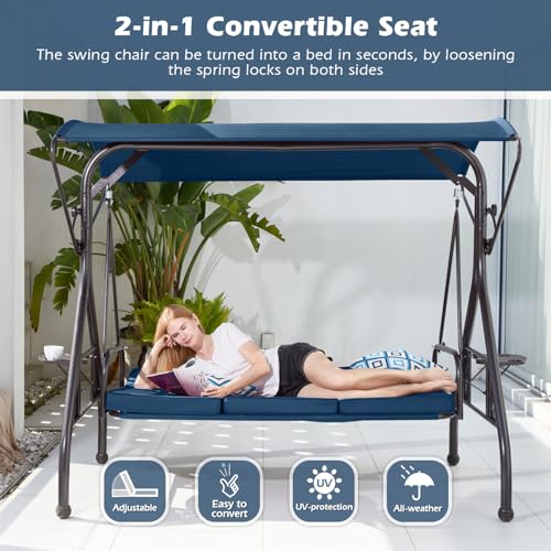 Image of ZZW 800LBS Patio Swing with Canopy 3 Seat Outdoor Porch Swing with Stand w /Cup Holder & Pillow Glider Chair Swing Bed for Patio Backyard Poolside (Blue)