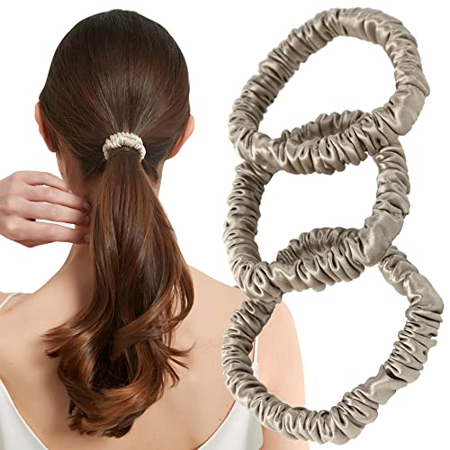 ヘアゴム シュシュ シルク 100% 髪ゴム 【美容のプロ推薦】 『髪に優しくダメージ軽減』 3個セット 大人 おしゃれ (カーキ)