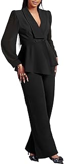 Sponsored Ad - Annystore Pant Suits for Women Dressy Mesh Sheer Sleeve Ruffle Blazer Wide Leg Pants Pantsuit Sets Casual W...