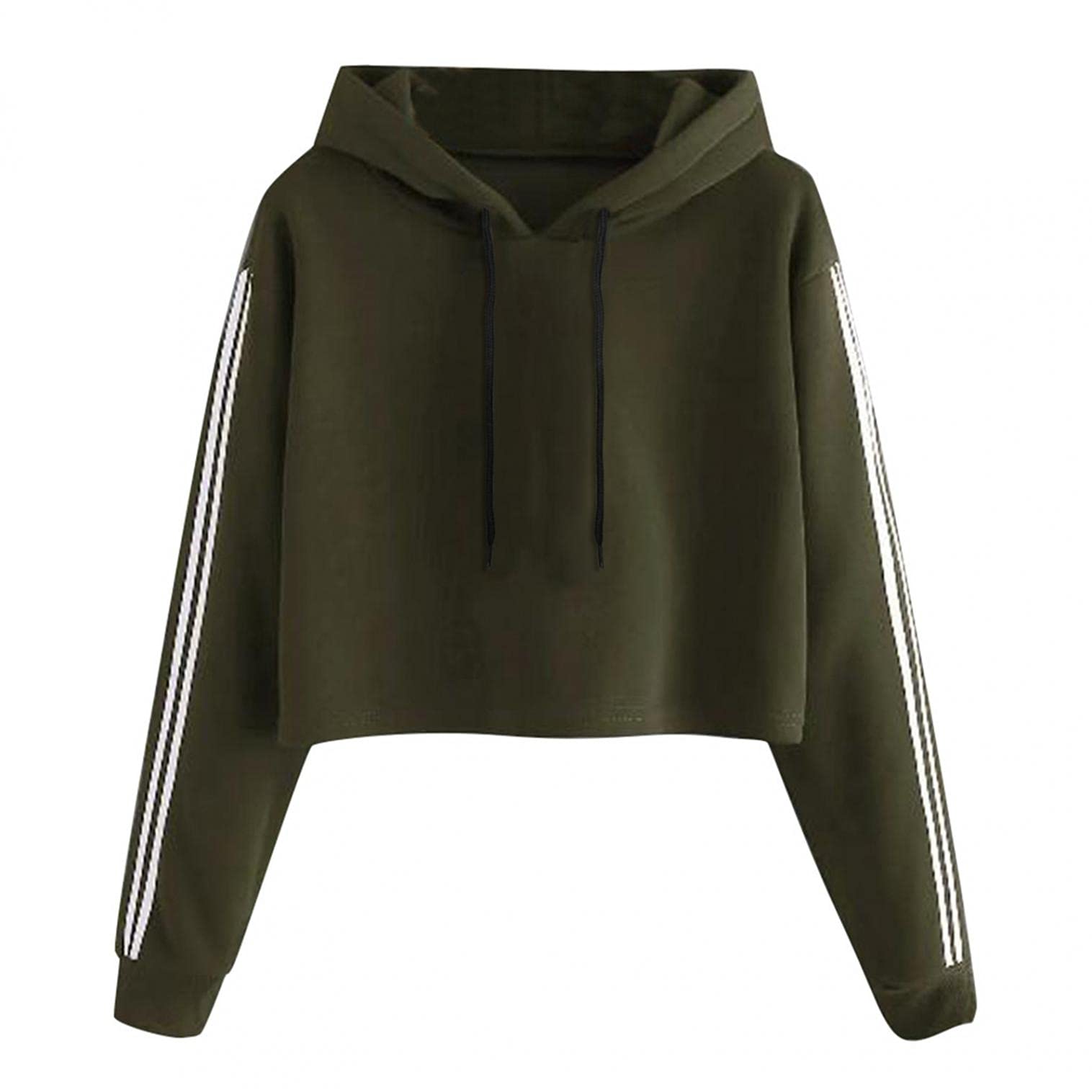 Cocila Ladies Womens Girls Crop Hoodie New Cropped Sweatshirt Patchwork Striped Pullover Tops Blouse Outerwear(S,Army Green)