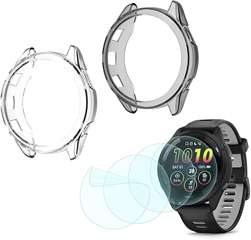 Protector de pantalla de reloj inteligente compatible con Garmin Forerunner 265, funda de TPU suave marco y película protectora de vidrio templado