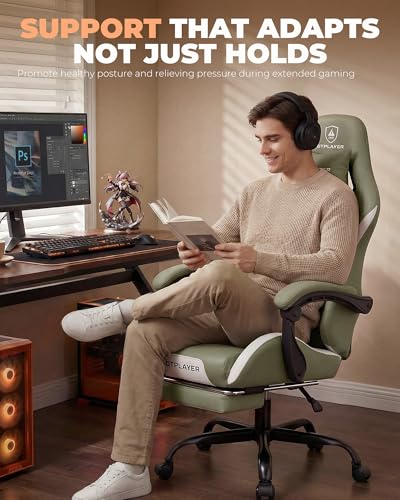 Image of GTPLAYER Gaming Chair with Foot Rest & Pocket Spring Cushion, Ergonomic High Back Computer Desk Chair with Headrest & Lumbar Support for Back Pain Relief, Breathable Fabric, Green
