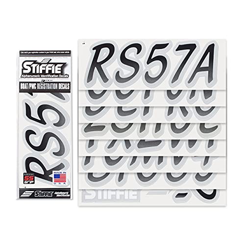 Image of STIFFIE Whipline Black /Silver Super Sticky 3 inch Alpha Numeric Registration Identification Numbers Stickers Decals for Sea-Doo Spark, Inflatable Boats, Ribs, Hypalon /PVC, PWC and Boats.