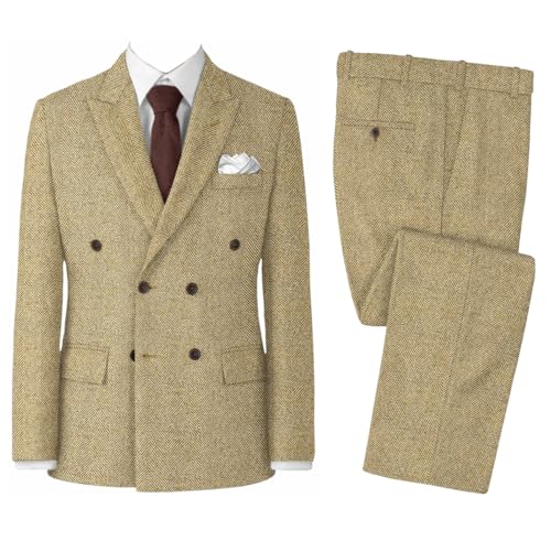 Vintage Men's Herringbone Tweed Suit Wedding Tuxedo Prom Double Breasted Suits Notched Lapel 2 Pieces Jacket Pants