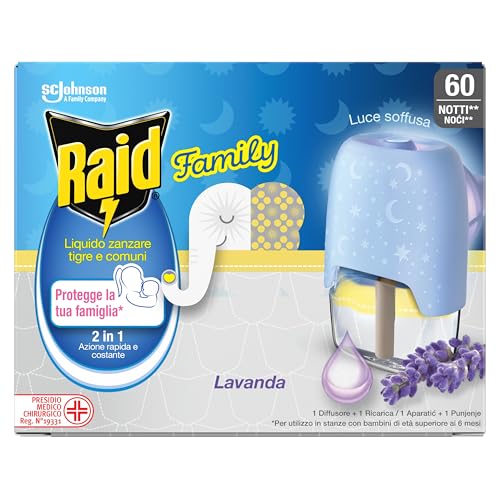 Raid Family Liquido Antizanzare Comuni e Tigre, Fragranza alla Lavanda, 1 Confezione da 1 Diffusore e 1 Ricarica da 36ml, 60 Notti