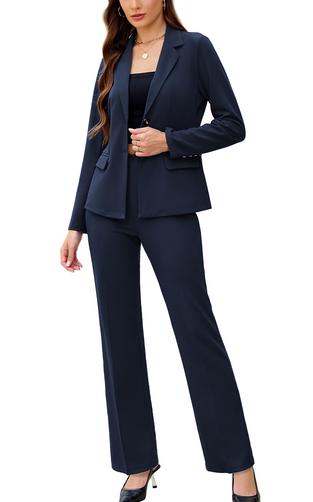 Photo 1 of Women's 2 Piece Suits Business Casual Outfits Long Sleeve Solid Pantsuits Professional Office Work Sets Navy Blue small