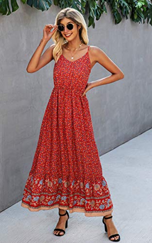 Image of Angashion Women's Dresses Floral Adjustable Spaghetti Strap V Neck Boho Long Maxi Dress Summer Beach Flowy Ethnic Sundress
