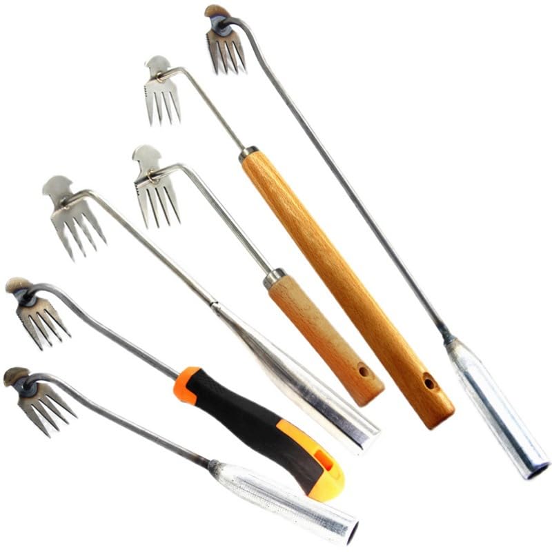 Set 1-3 Pezzi Sarchiatore Manuale Professionale, Attrezzi Giardino in Acciaio Inox con Manico Legno/Gomma, Estrattore Erbacce e Gancio per Diserbo (25-50cm)(3pcs 4-Tooth Rubber Handle)