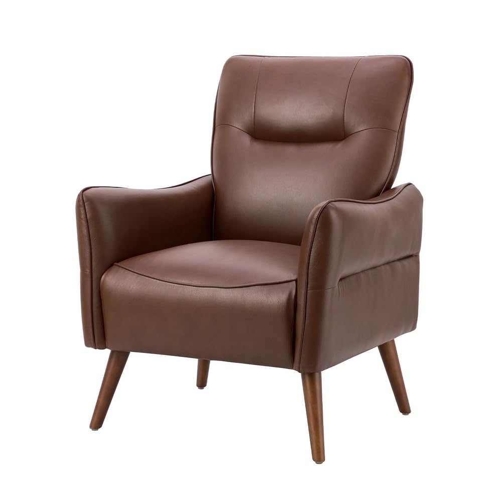 Mid-Century Modern Accent Chair | Dark Brown Faux Leather Upholstery | Wooden Legs Living Room Armchair | Comfortable Single Seater Lounge Chair for Bedroom, Office, Reading & Reception (1 Piece)-image-25