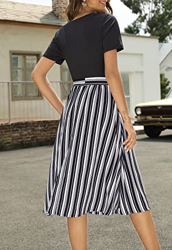 Zattcas Summer Short Sleeve Ribbed Midi Dress With Pockets Casual Work Dress Black Stripe L thumb #2
