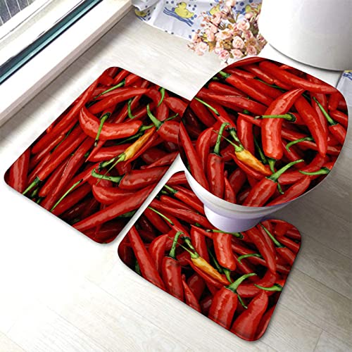 Badteppich-Set, 3-teilig, Chili-Pfeffer, waschbare Badteppiche, rutschfest, mit Rückenpolster, Konturteppich und Toilettendeckelbezug