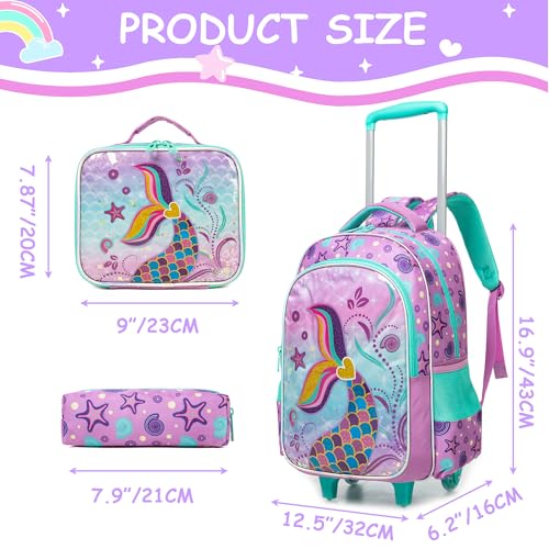 Rolling Backpack for Girls Rolling Backpack for Kids Backpacks with Wheels Travel Luggage for Airplane Roller Backpacks for Girls Mermaid Bookbag2