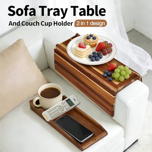 Image of FUNKYLEE Acacia Wood Couch Armrest Table, Couch Arm Tray with Removable Couch Cup Holder, 2 in 1 Design Foldable Anti-Slip Acacia Wood Sofa Arm Tray for Remote Controls, Phones, Cups and Snacks