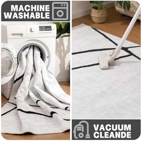 Tapete moderno geométrico lavable 5'x7' negro y blanco miniatura 5