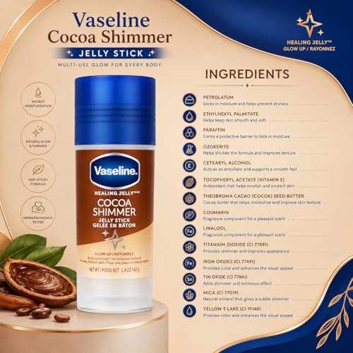 Image of Vaseline Cocoa Shimmer Jelly Stick 40g | Hydrating Body Glow Balm for Radiant Shimmering Skin | Portable Moisture Stick