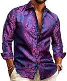 Barry.Wang Teal Purple Men Shirt Silk Paisley Long Sleeve Button Down Dress Shirt Vintage Cowboy Party Casual Western Designer