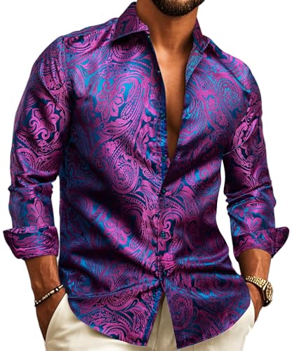 Barry.Wang Teal Purple Men Shirt Silk Paisley Long Sleeve Button Down Dress Shirt Vintage Cowboy Party Casual Western Designer