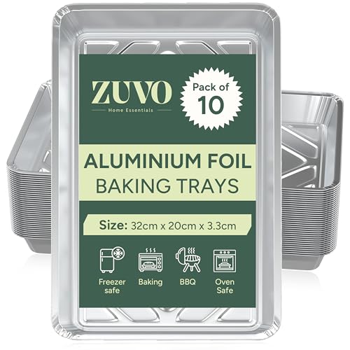 Zuvo Backbleche aus Aluminiumfolie – (10er-Pack) – 32 cm x 20 cm x 3,3 cm – Folienschalen zum Kochen, Einfrieren, Servieren und Aufbewahren – Ofen-Backbleche