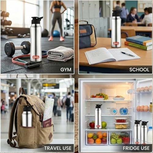 Image of GRECY Tic Toc 800ml Stainless Steel Water Bottle Silver | Single Wall Fridge Bottle | Flip Cap Easy Grip | BPA Free Steel | Leak Resistant Lightweight | School, Office, Gym, Travel Made in India