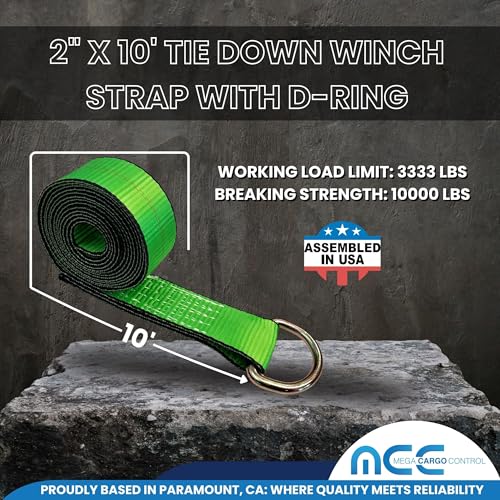 Image of Mega Cargo Control 2 inch x 10' D-Ring Lasso Strap & Recovery Auto Tie Down for Wheel Lift, Trailer, Tow Truck (8 - Pack)