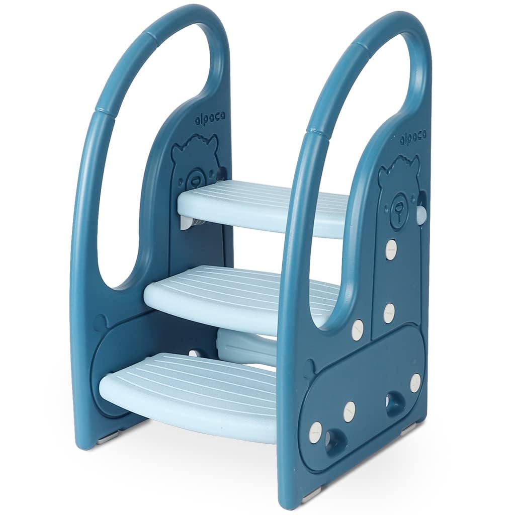 Onasti Blue Step Stool For Kids, 3-Step Height Adjustable Toddler Step Stool, Plastic Learning Tower, Kitchen Helper, Toilet Steps With Handles And Non-Slip Pads, For Counter, Bathroom & Sink (Blue)