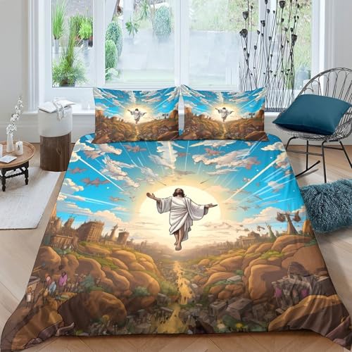 Drap de couette Jésus 3D religieux microfibre 220x240cm avec 2 taies d'oreiller
