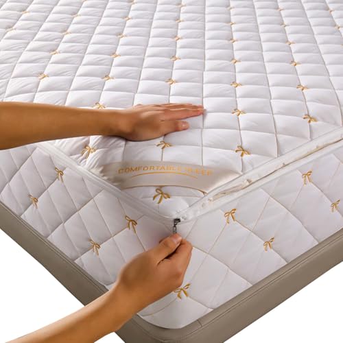 ZHAIJYLI Protector de colchón con Cremallera Protector de colchón Personalizable Protector de colchón Acolchado de Cinco Caras Protector de colchón Lavable y Transpirable(90X190+17cm,White)