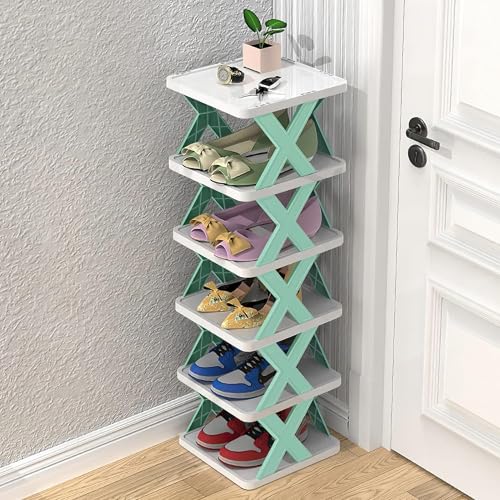 Image of 6 Layer Stackable Plastic Shoe Rack Shelf with Interlocking X-Frame Supports and Square Shelves, Multi-Tier Modular Storage Organizer for Shoes