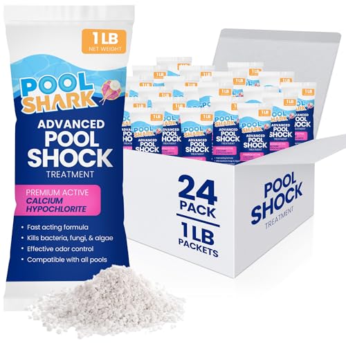 Pool Shark 68% Calcium Hypochlorite Pool Shock for Swimming Pools - 24 Pack Chlorine Granules - 1 lb Bags Pool Chlorine Shock Treatment for Inground & Above Ground Pools - Fast-Dissolving Chlorine