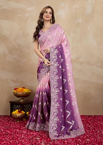 Image of TRENDMALLS Women's Jacquard Silk Embroidery Zarkan Work Saree with Unstitch Blouse Piece