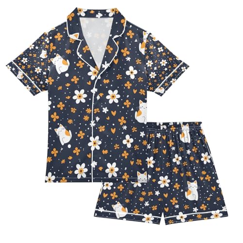 senya Cartoon Cat and Flower Satin Summer Pajama Sets Silk Short Sleeve Button Down Sleepwear