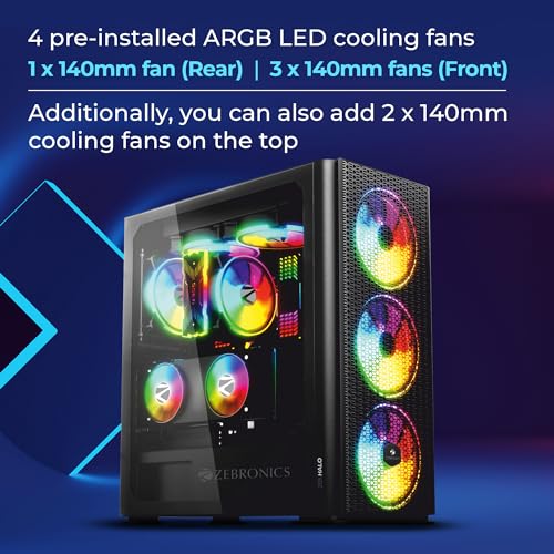Image of ZEBRONICS Halo Mid-Tower Premium Gaming Cabinet EATX /ATX /M-ATX, 3X 140mm Front + 140mm Rear Fan, ARGB Inner Glow, RGB LED Control, Tempered Glass Side Panel, USB 3.0