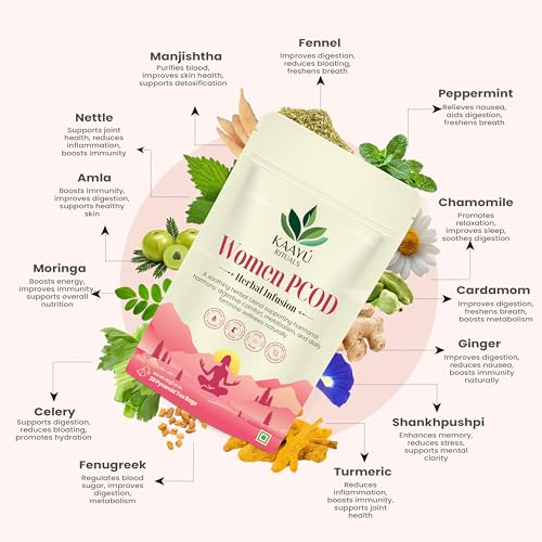 Image of Kaayu Rituals Women PCOD, PCOS Relief Herbal Infusion Tea With Nettle, Peppermint & Chamomile | Supports Hormonal Balance, Menstrual Cycles | Improves Metabolism & Digestion, 20 Pyramid Tea Bags(40g)