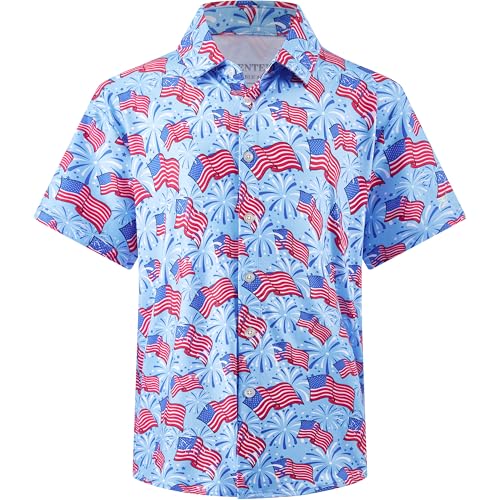 FT FENTENG Boys Hawaiian Shirt for Boy Wrinkle Free Casual Printed Beach Shirt American Blue USA Flag Boys Casual Button Down Shirts Regular Fit Short Sleeve Summer Shirts for Boy 10-12 Years