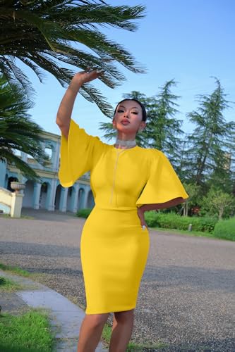 Image of Memoriesea Women's Basic Bodycon Ruffle Flared Short Sleeve Pencil Midi Dress