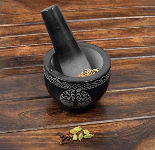 Samhita Tree Of Life Natural Stone Mortar & Pestle Mortar Diameter- 3.75"X 2.75" Pestle-5" X 1.5" #TOP1