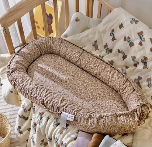 Image of Infant Lounger, Baby Nest Cover for Baby Girls & Boys, Newborn Essentials for Baby 0-12 Months, 100% Cotton Breathable (BrownBlossom Muslin)