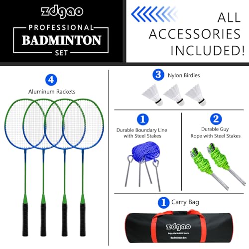 Image of Zdgao Badminton Sets for Backyard - 20FT Net and Badminton Racket Set of 4 | Portable Badminton Net with Tension Adjuster, 3 Nylon Shuttlecocks, Boundary Line, Carry Bag for Beach, Outdoor Family Game