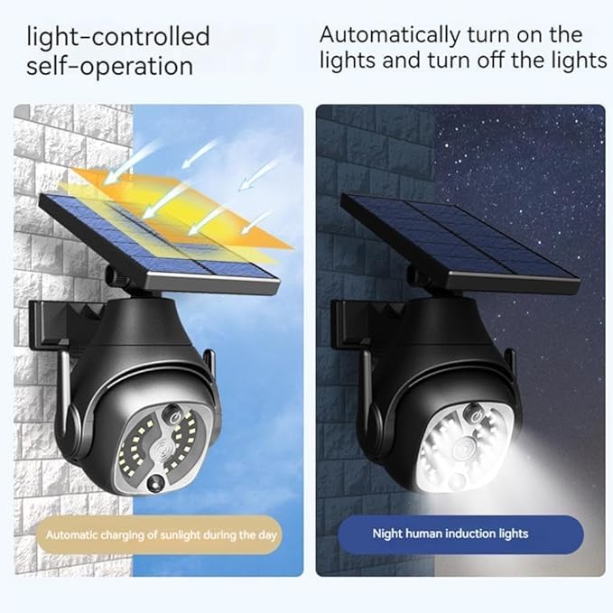 Lot de 2 fausses caméras de sécurité factices et lampes solaires à détecteur de mouvement, lampes solaires 2 en 1 avec télécommande, aspect réaliste, facile à installer, étanchéité IP66