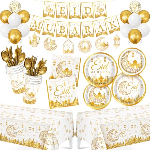 Eid Mubarak Decorations Set, 191 Pcs Party Supplies Serves 24, Cohesive Eid Decor for Family Parties, Iftar & Mosque Events White&Gold