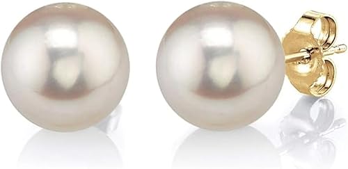THE PEARL SOURCE Pendientes redondos de perlas reales de agua dulce en calidad AAAA para mujer aretes de oro de 14 quilates hipoalergénicos con