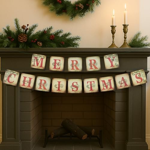 Christmas Banner Vintage Merry Christmas Banner Garland Merry Christmas Sign Banner Garland Wall Mantel Indoor Outdoor Hanging Christmas Decorations for Home Farmhouse Xmas Party Supplies