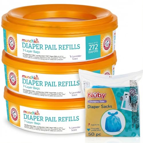 Image of 3 Munchkin A&H Diaper Pail Refill Rings, (7-Layer Bags, Each Holds Up to 272 Diapers) + Nuby Diaper Sacks, 50-Count | Lavender Scent Refills + Easy-Tie Disposable Bags Bundle